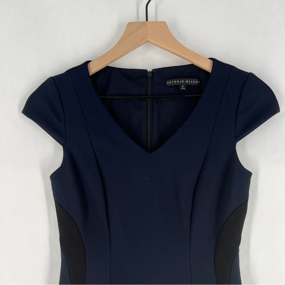 ANTONIO MELANI Navy & Black Cap Sleeve Stretch Ponte Knit Midi Sheath Dress 0‎ - Picture 2 of 13